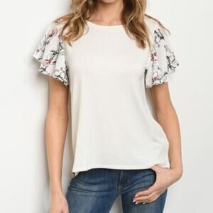 Ivory Floral Top Ruffle Short Sleeve Blouse